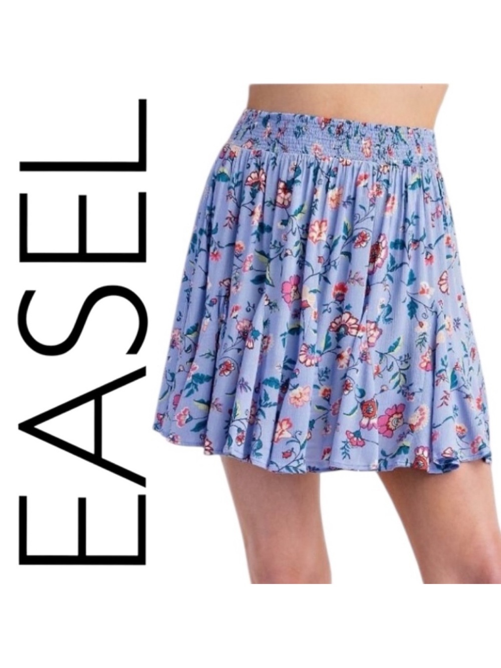 Easel Los Angeles Floral Smocked Skirt - Cornflower Blue/Multi colored_Size S